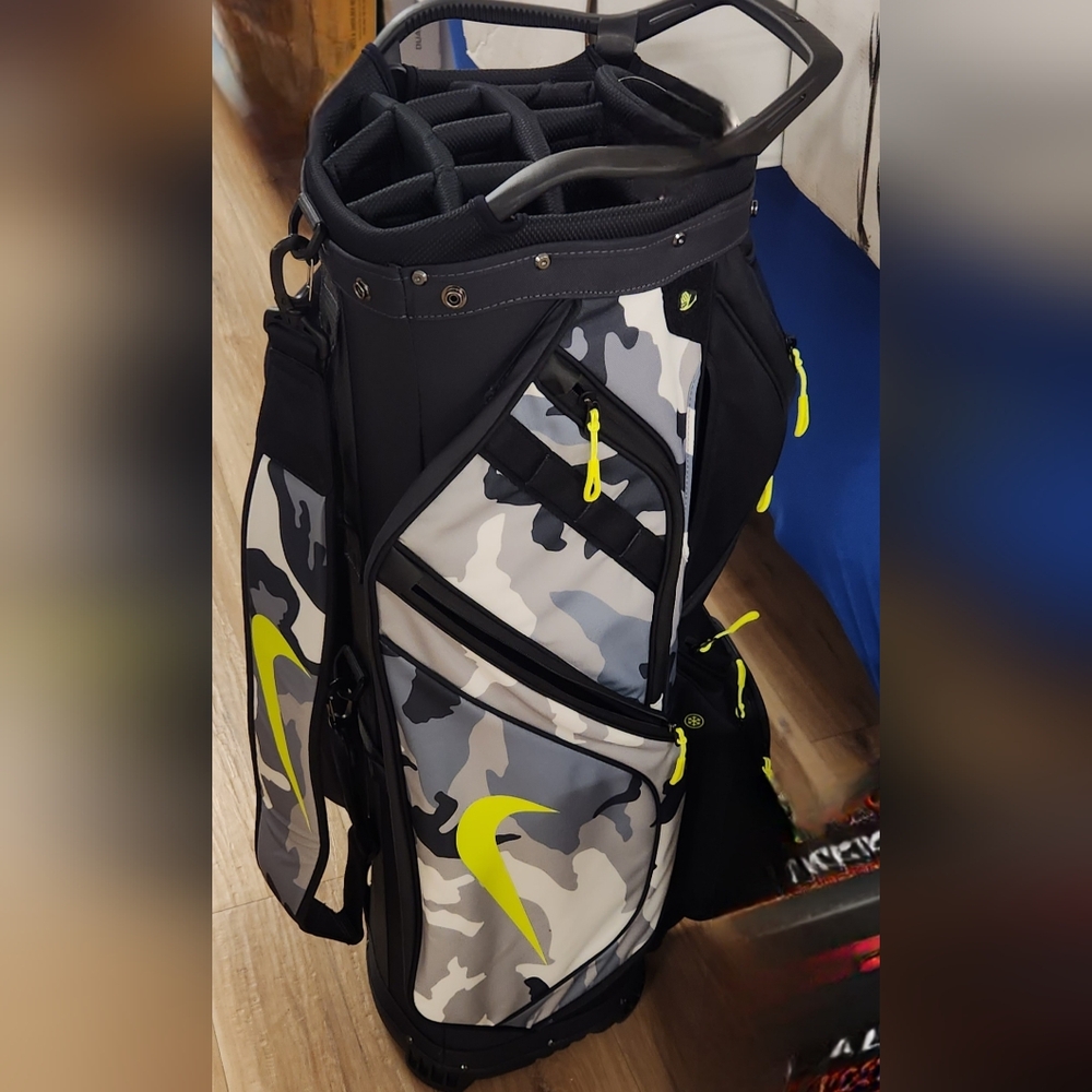 Nike Black and Gray Camouflage Duffel Bag with Yellow Accents